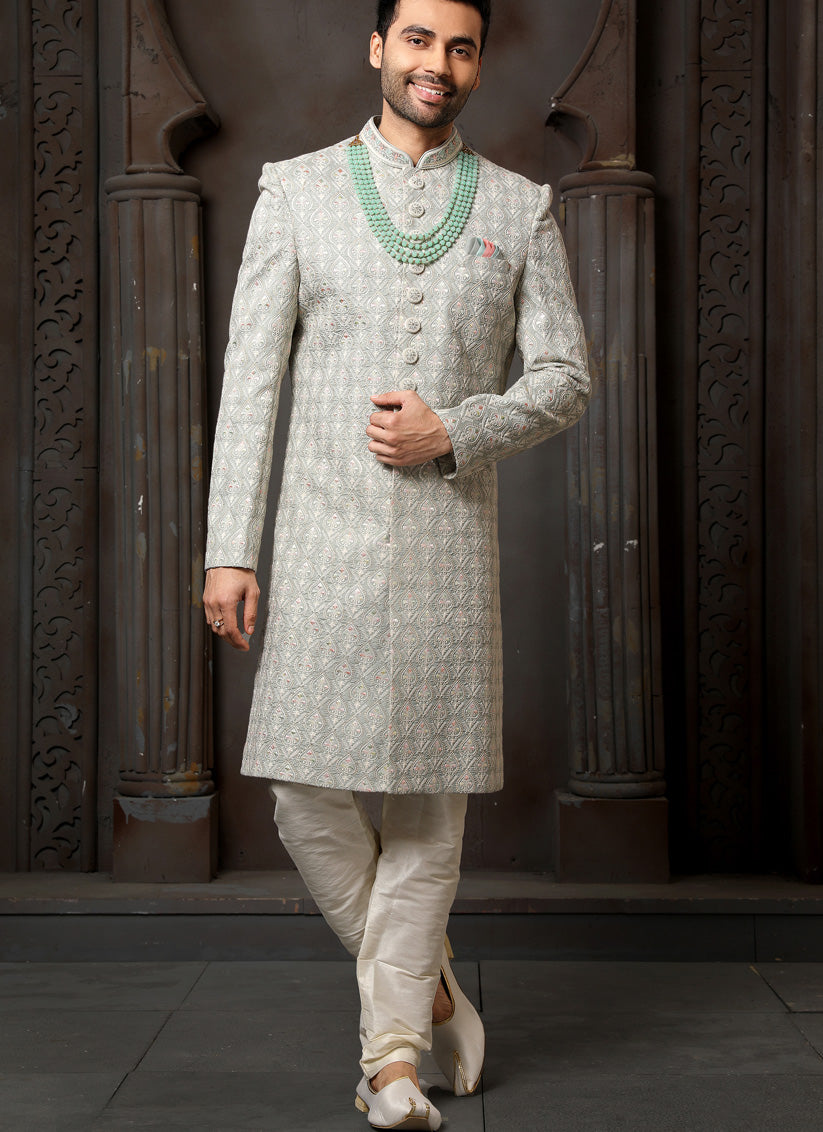 Pearl Grey Art Silk Embroidered Sherwani