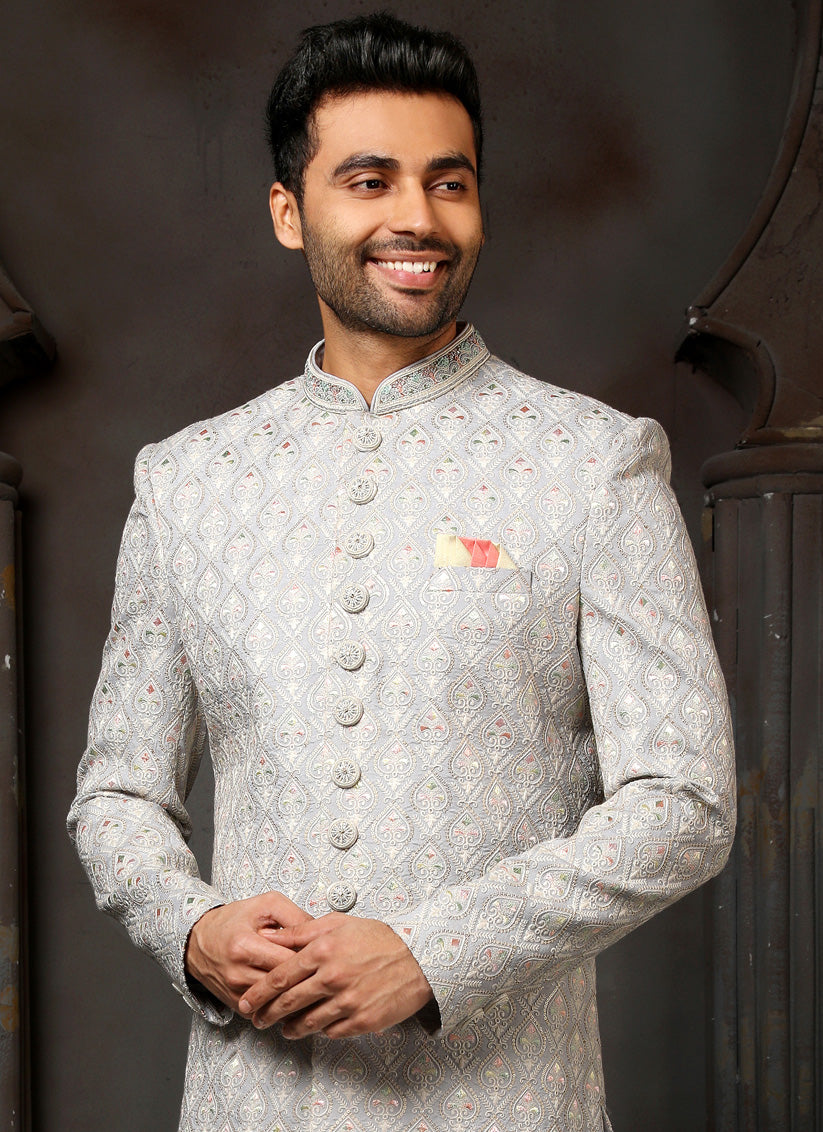 Soft Grey Art Silk Embroidered Sherwani