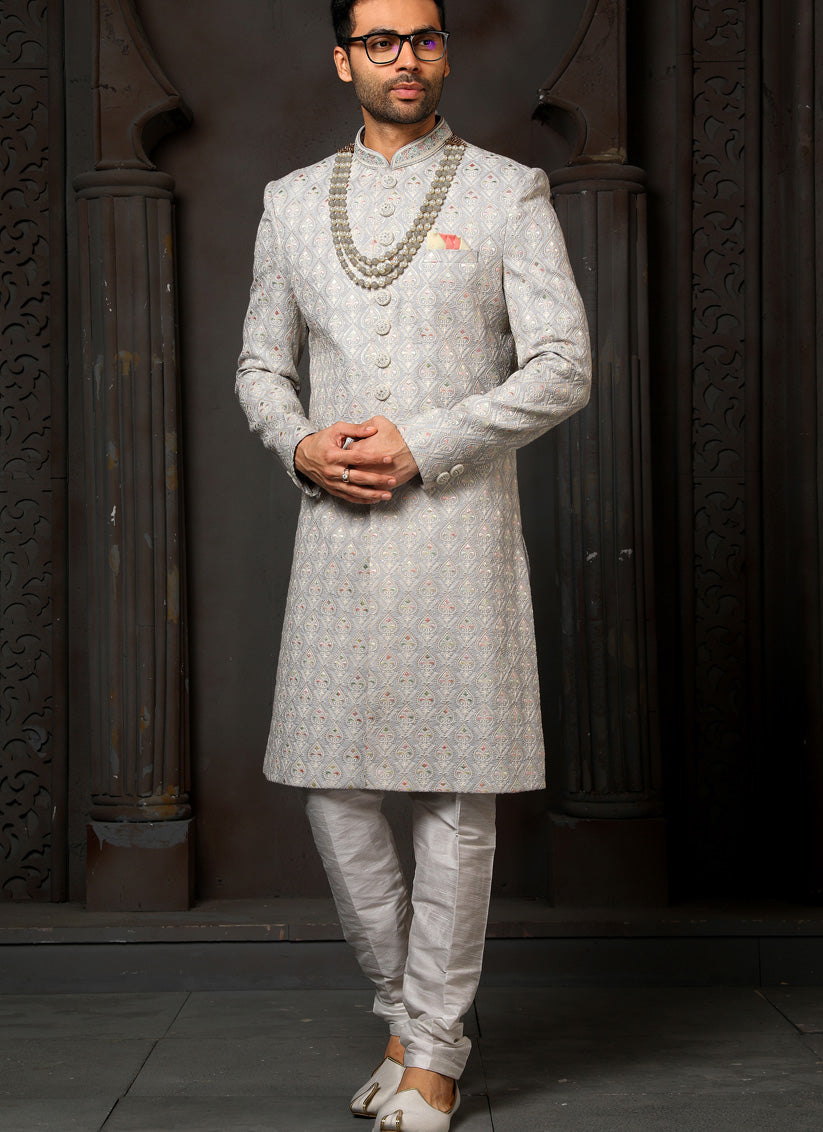 Soft Grey Art Silk Embroidered Sherwani