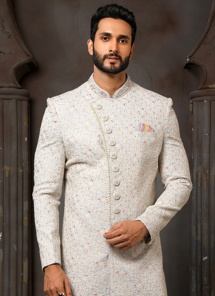 Ice Blue Art Silk Embroidered Sherwani