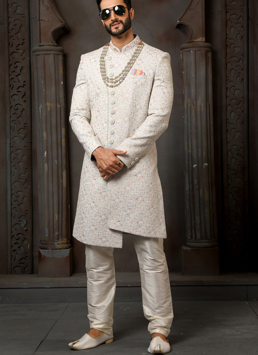 Ice Blue Art Silk Embroidered Sherwani