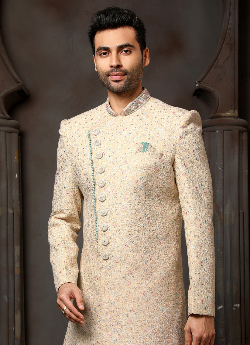 Beige Art Silk Embroidered Sherwani