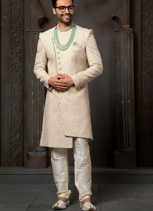 Beige Art Silk Embroidered Sherwani