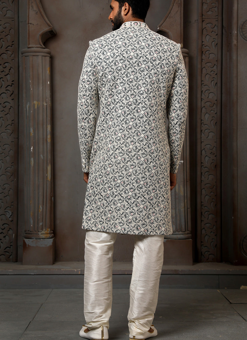 Grey Art Silk Embroidered Sherwani