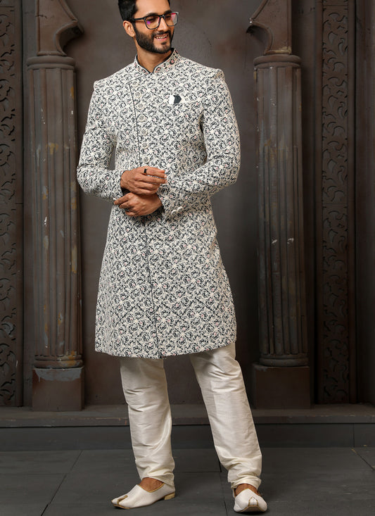 Grey Art Silk Embroidered Sherwani