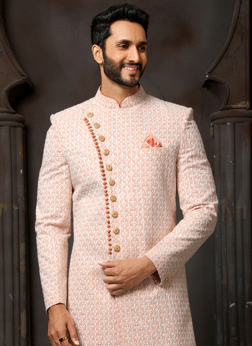 Blush Peach Georgette Embroidered Sherwani