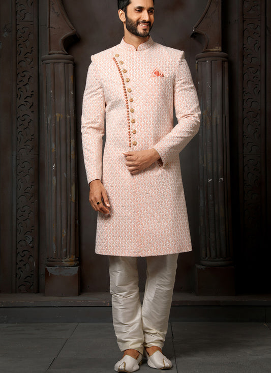 Blush Peach Georgette Embroidered Sherwani