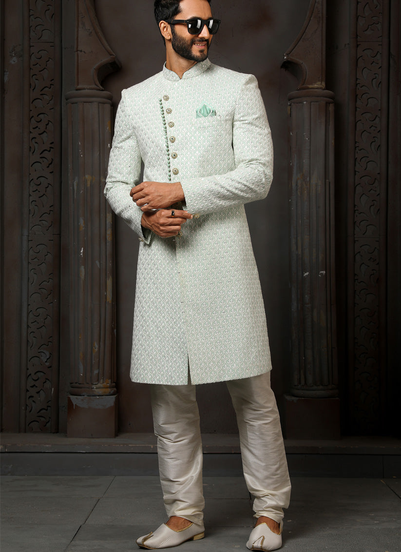 Ice Mint Georgette Embroidered Sherwani