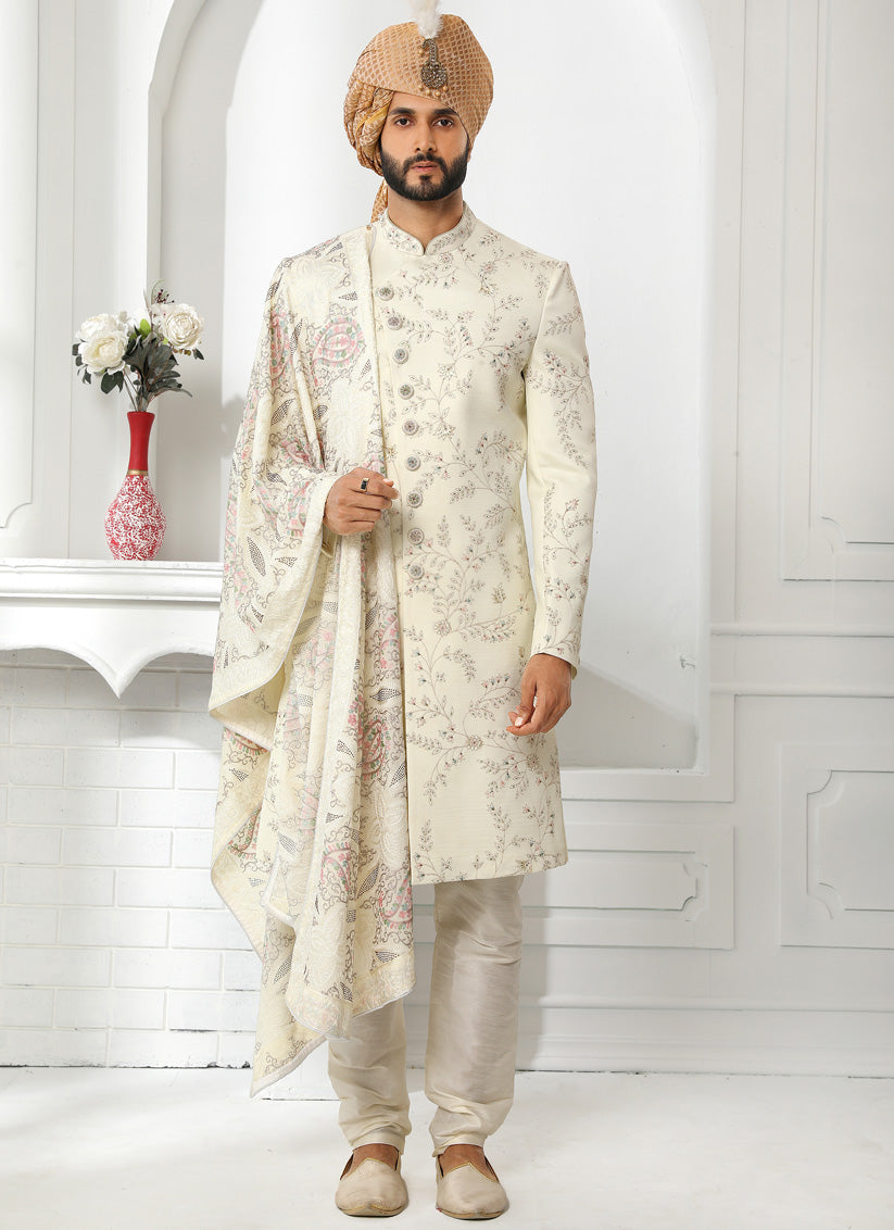 Ivory Art Silk Embroidered Sherwani