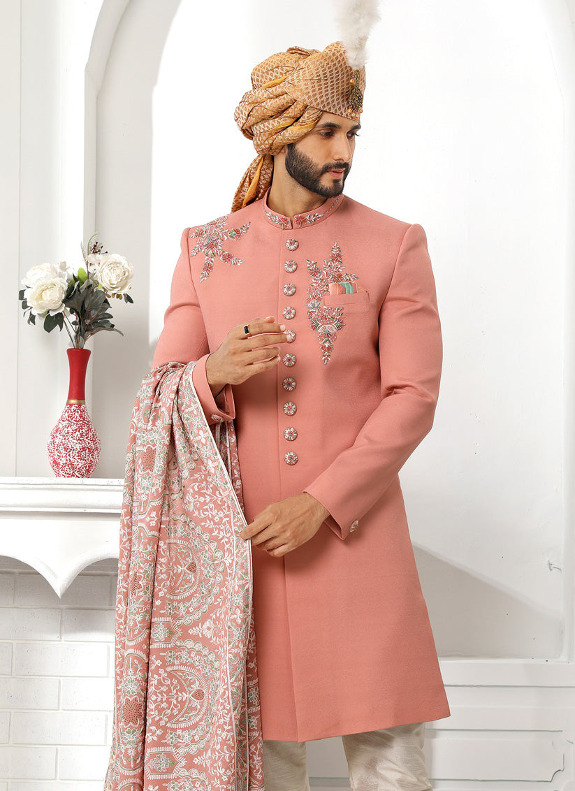 Coral Pink Art Silk Embroidered Sherwani