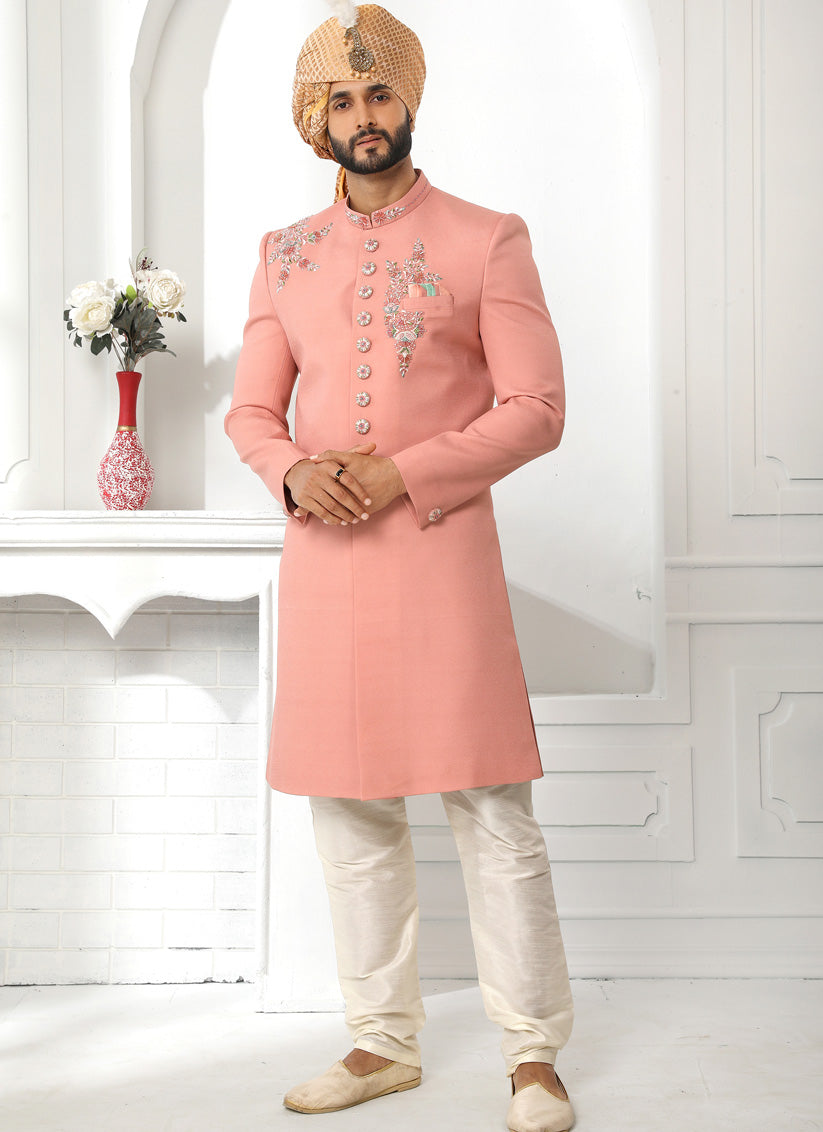 Coral Pink Art Silk Embroidered Sherwani