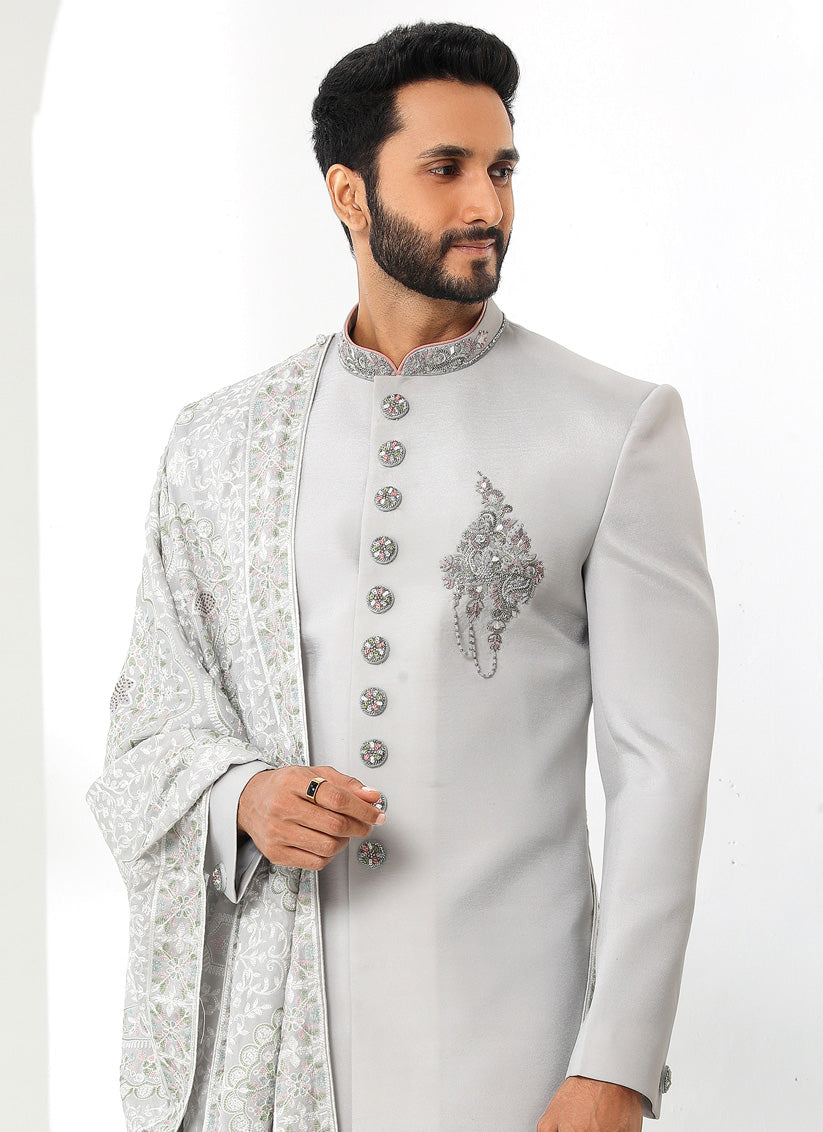 Pearl Grey Art Silk Embroidered Sherwani