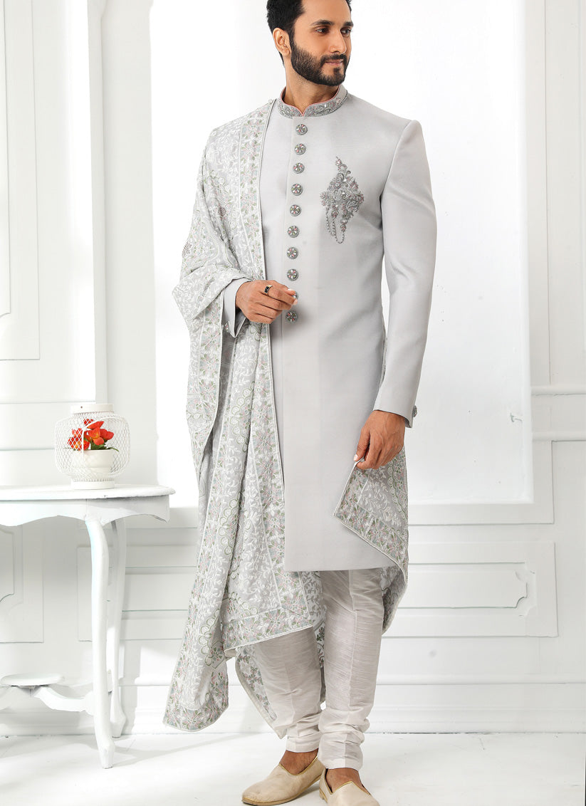 Pearl Grey Art Silk Embroidered Sherwani