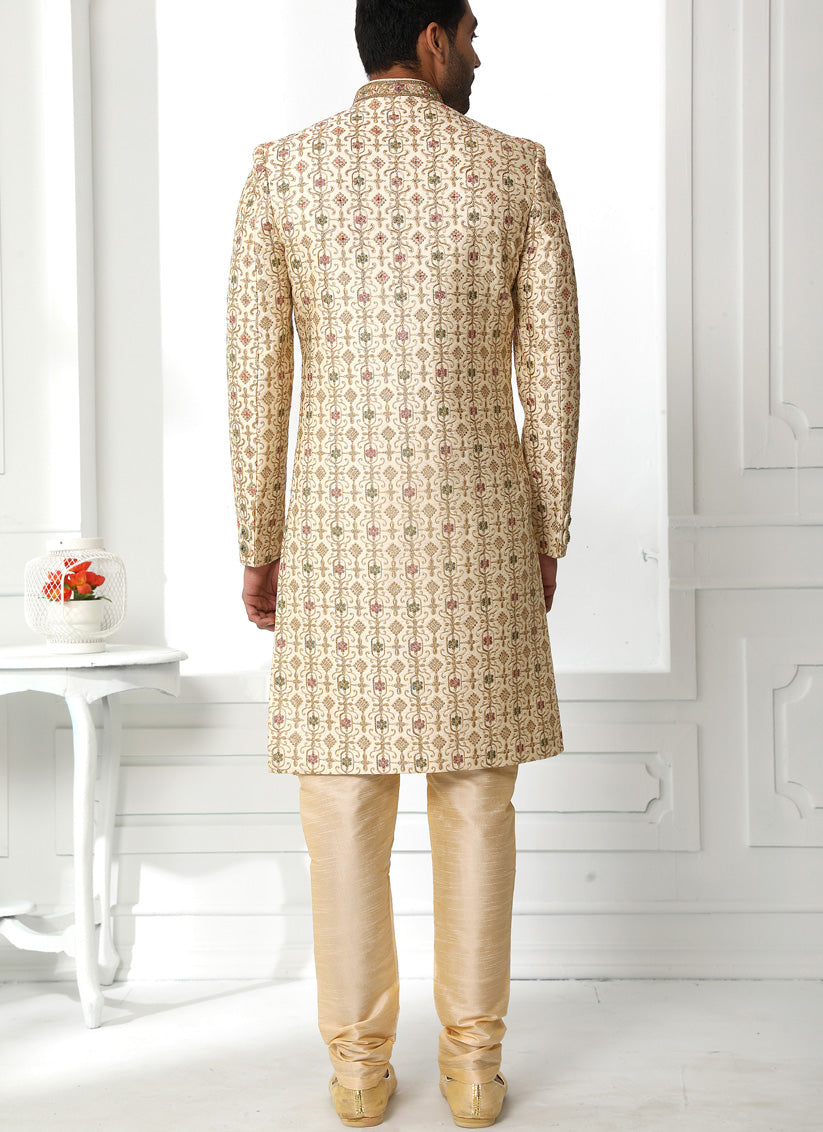 Cream Art Silk Embroidered Sherwani