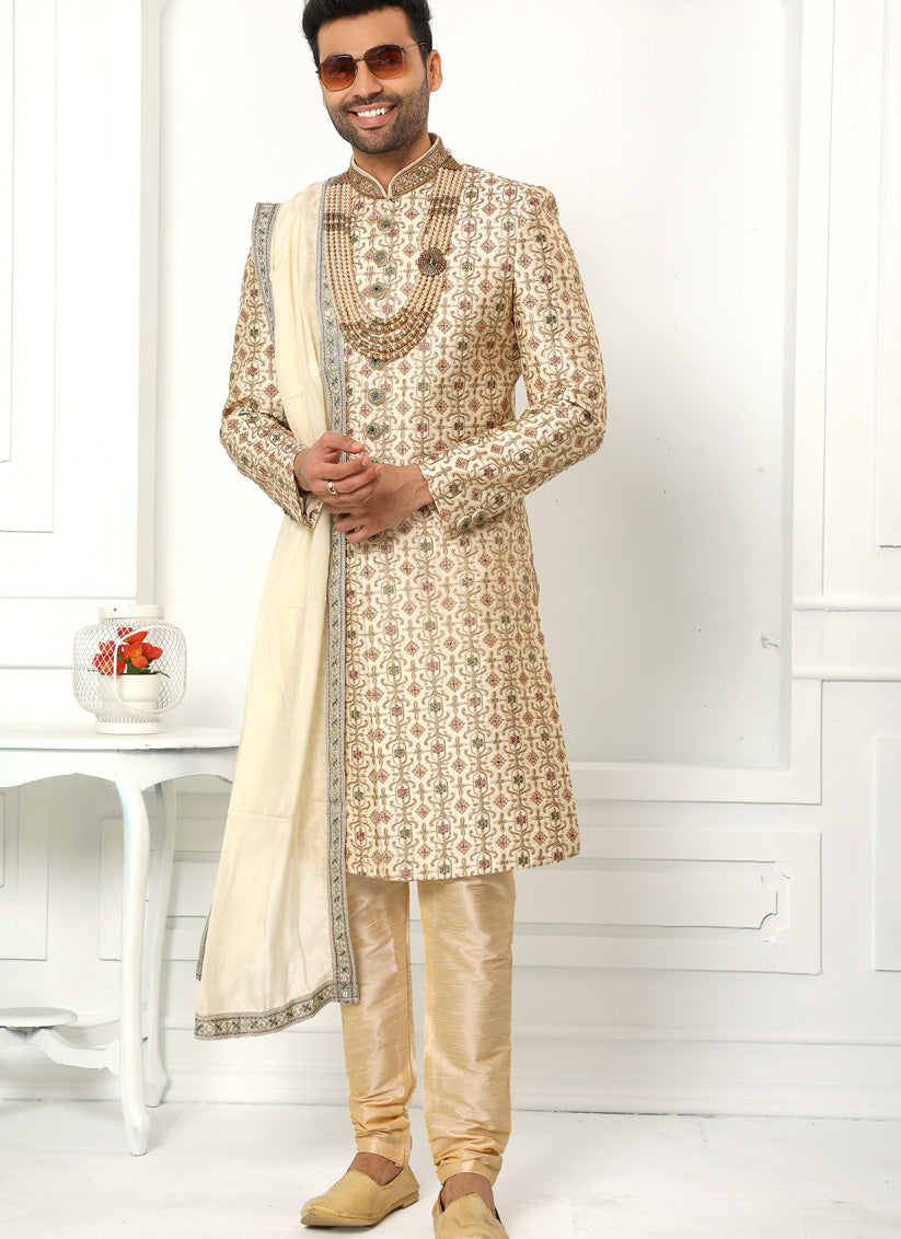 Cream Art Silk Embroidered Sherwani