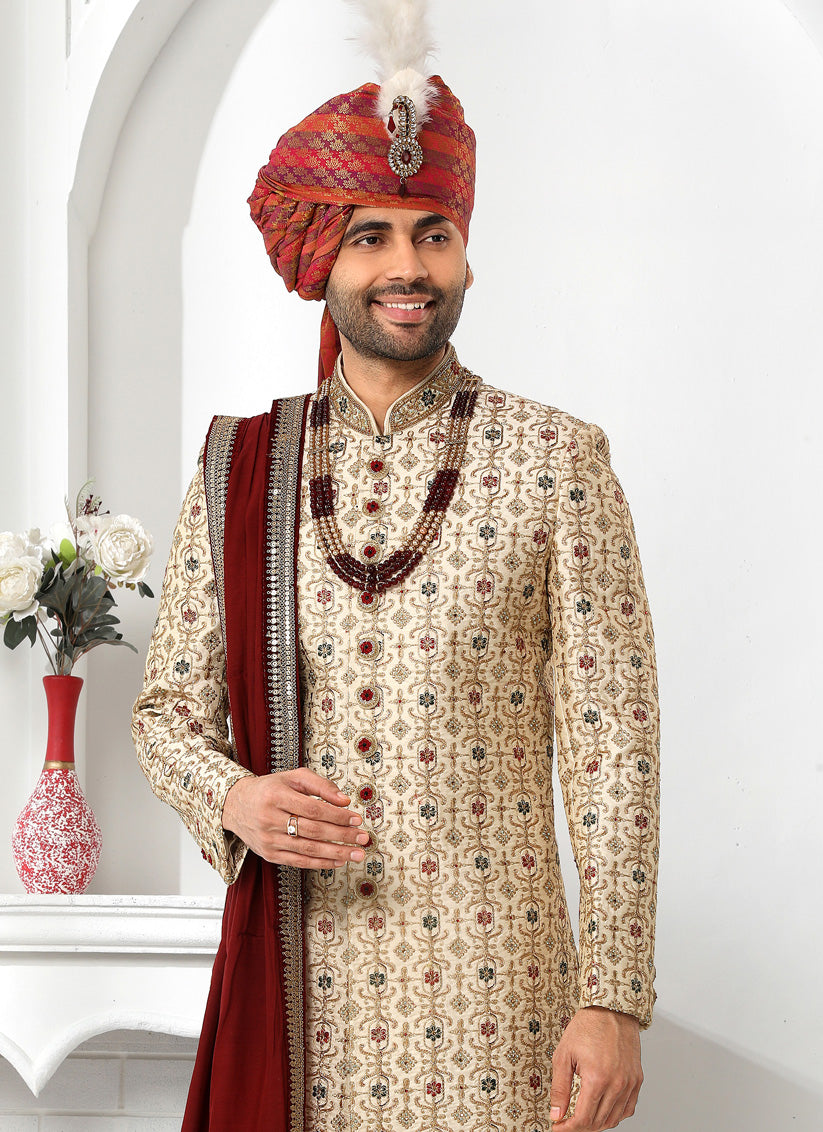 Cream Art Silk Embroidered Sherwani