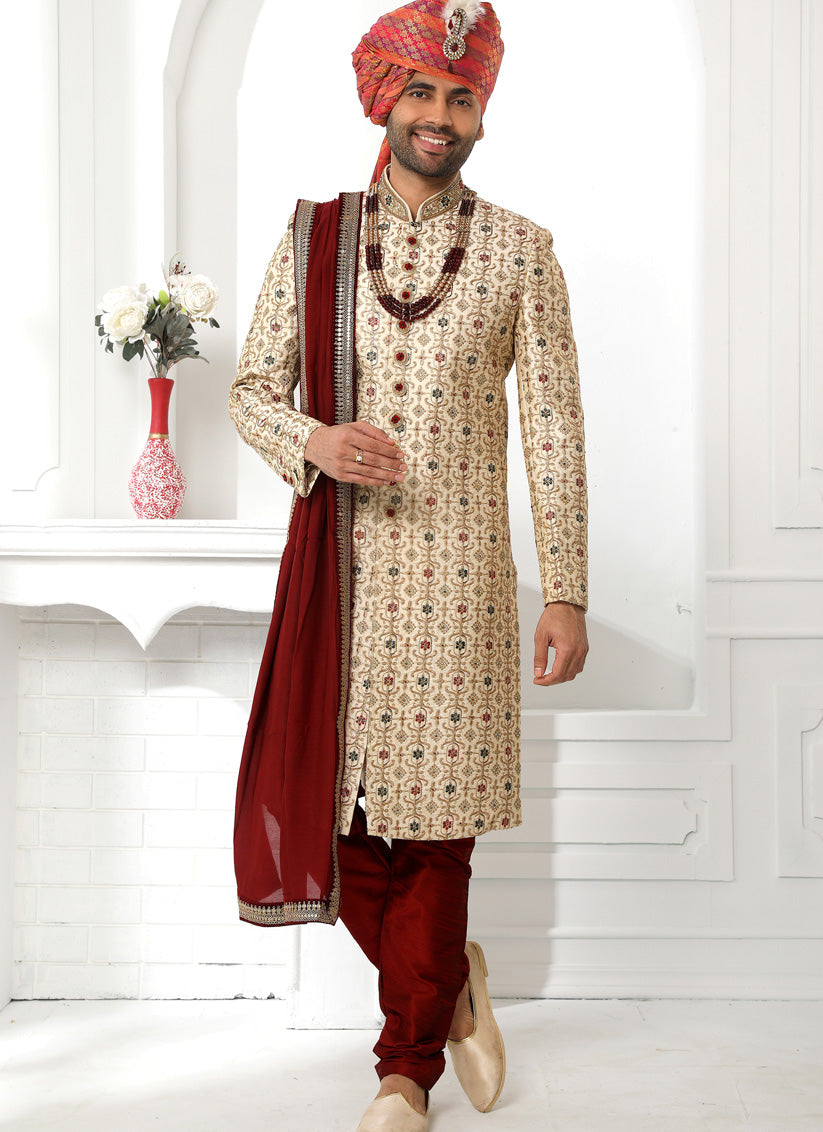 Cream Art Silk Embroidered Sherwani