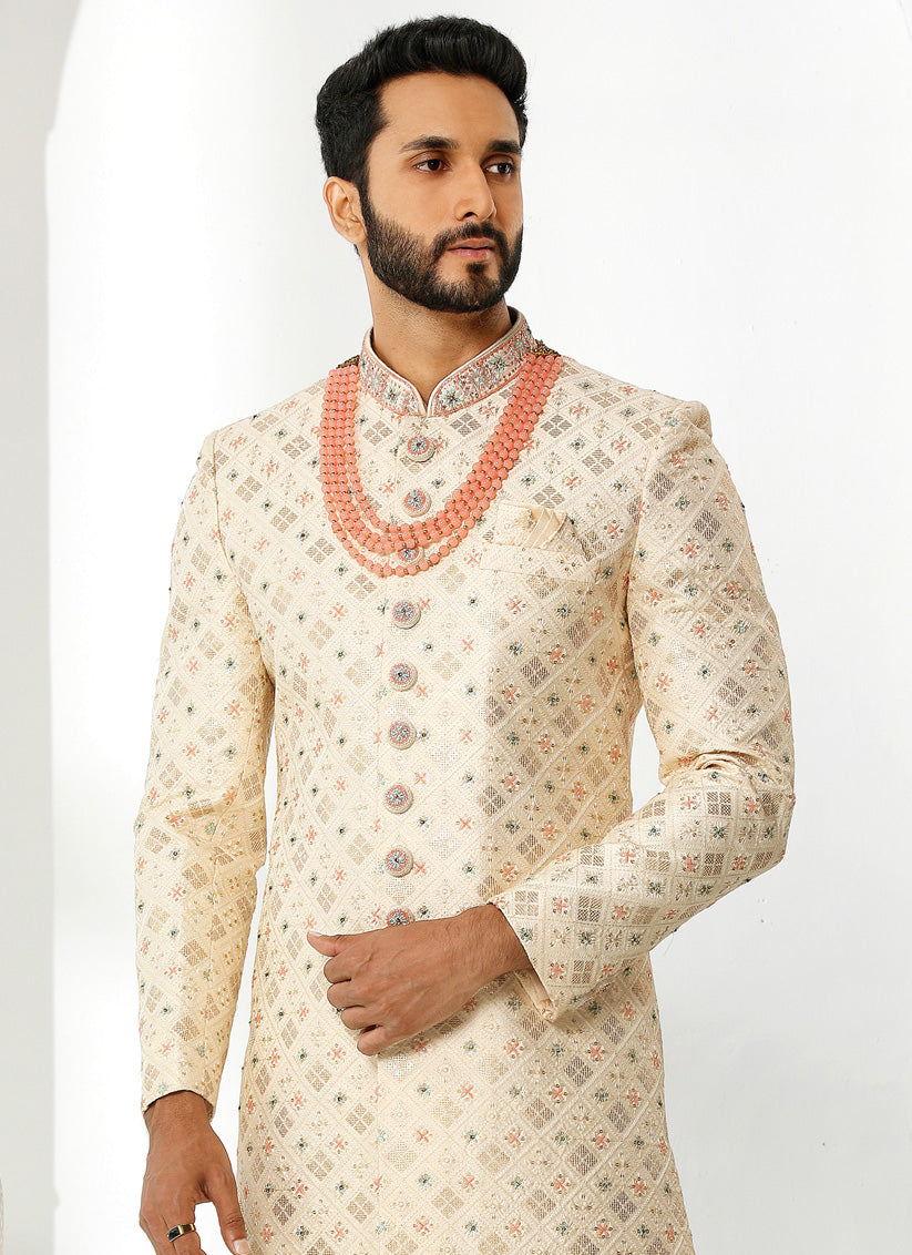 Ivory Art Silk Embroidered Sherwani