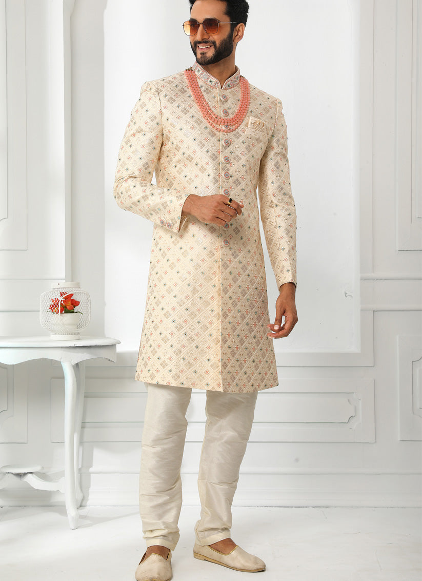 Ivory Art Silk Embroidered Sherwani