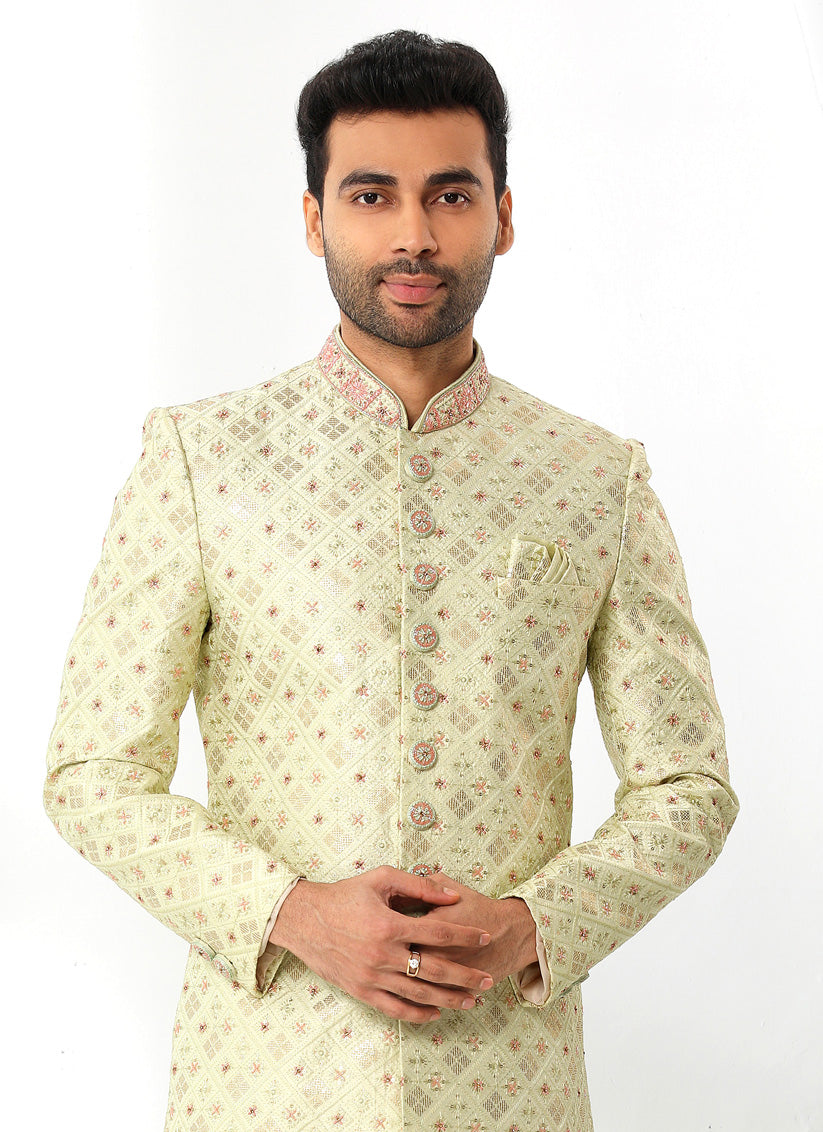 Pastel Green Art Silk Embroidered Sherwani