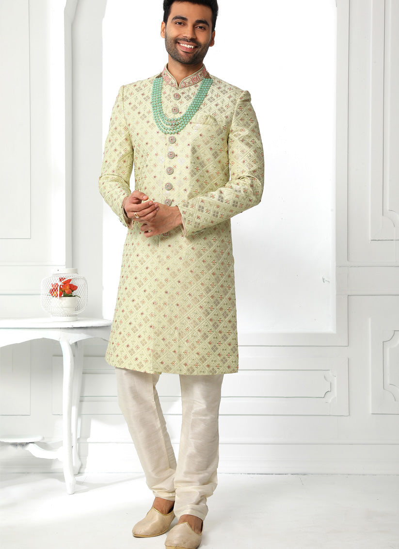 Pastel Green Art Silk Embroidered Sherwani