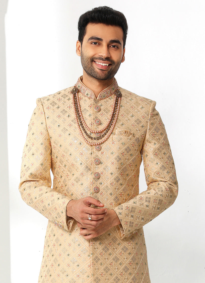 Beige Art Silk Embroidered Sherwani