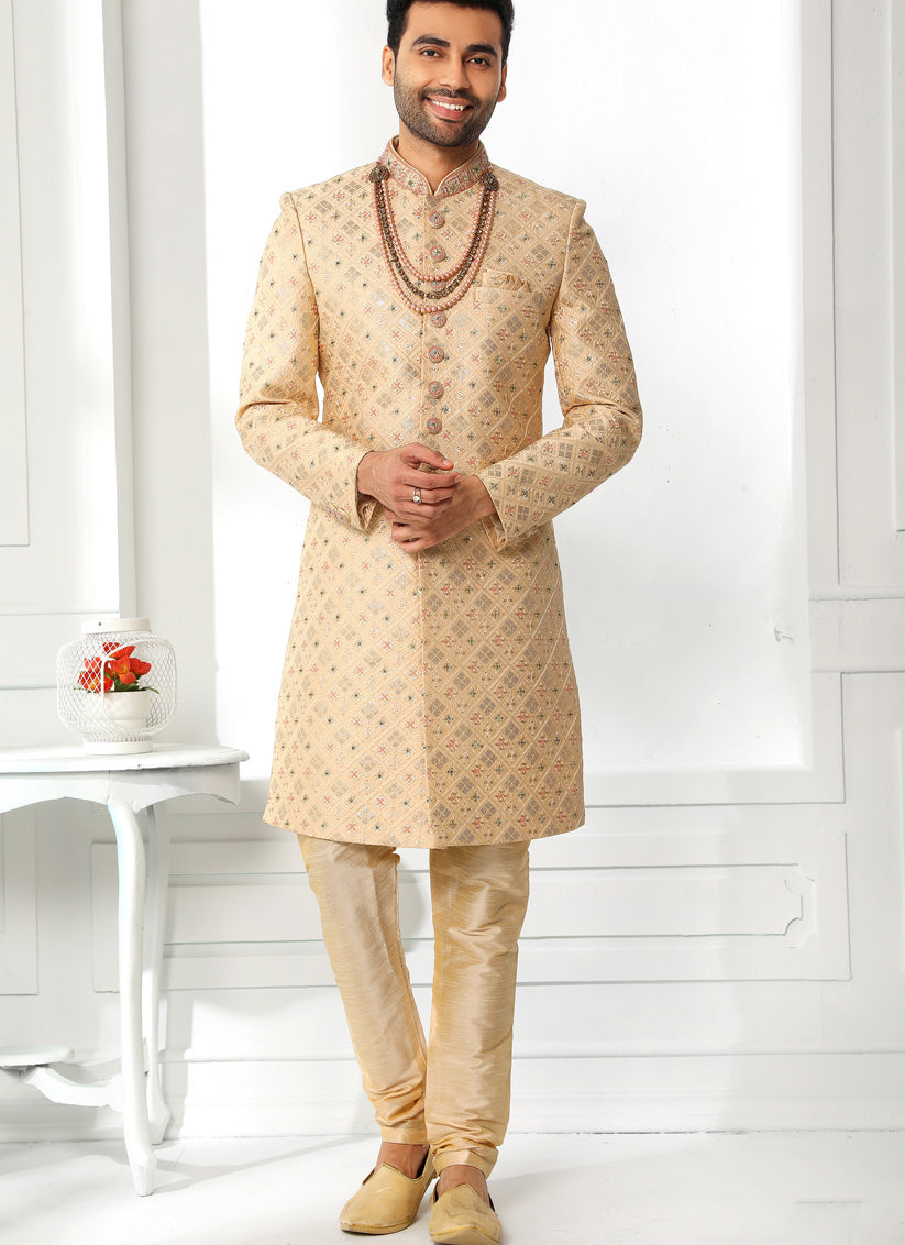 Beige Art Silk Embroidered Sherwani