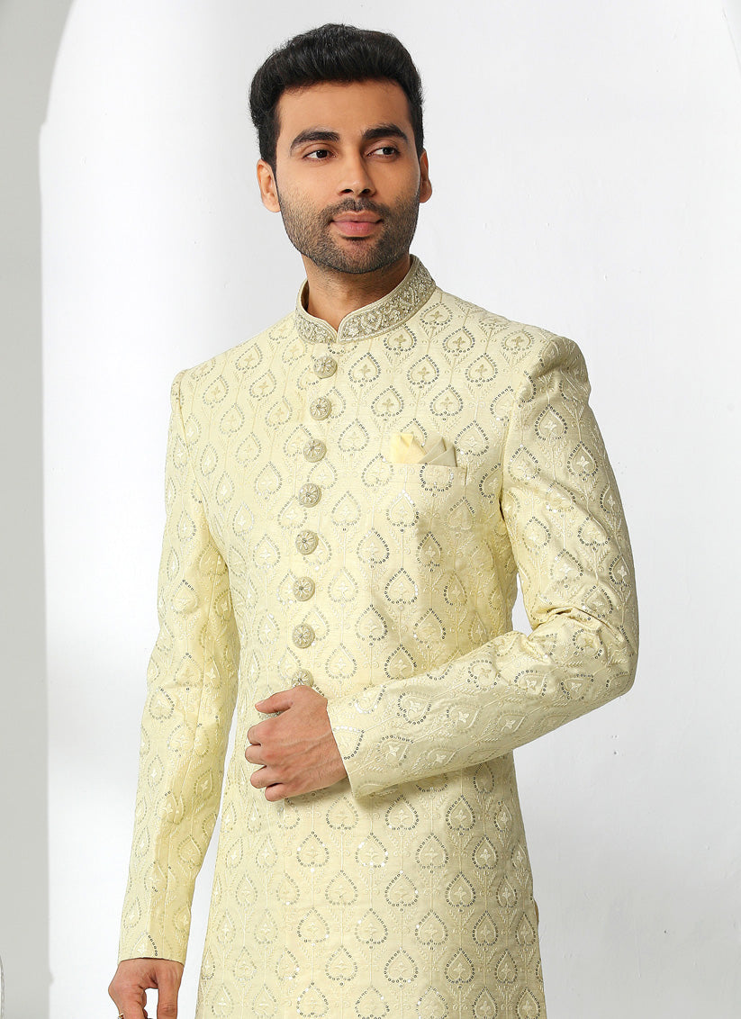 Lime Yellow Art Silk Embroidered Sherwani