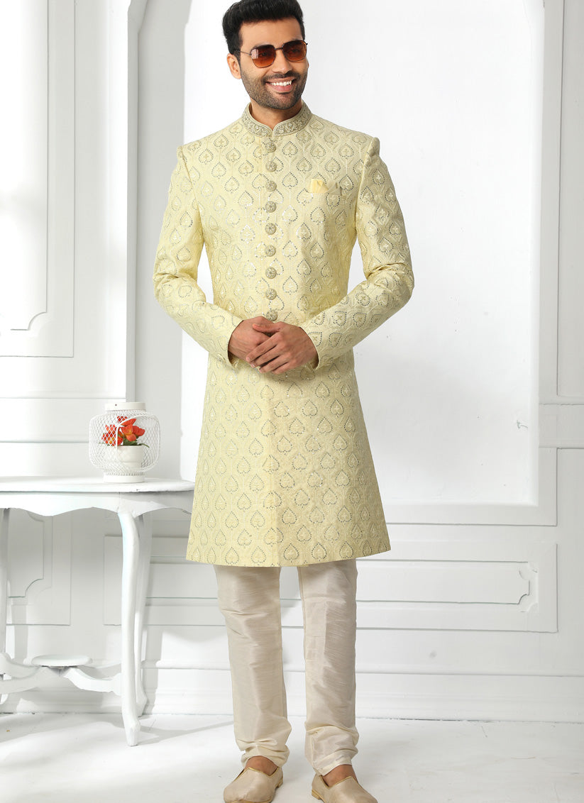 Lime Yellow Art Silk Embroidered Sherwani