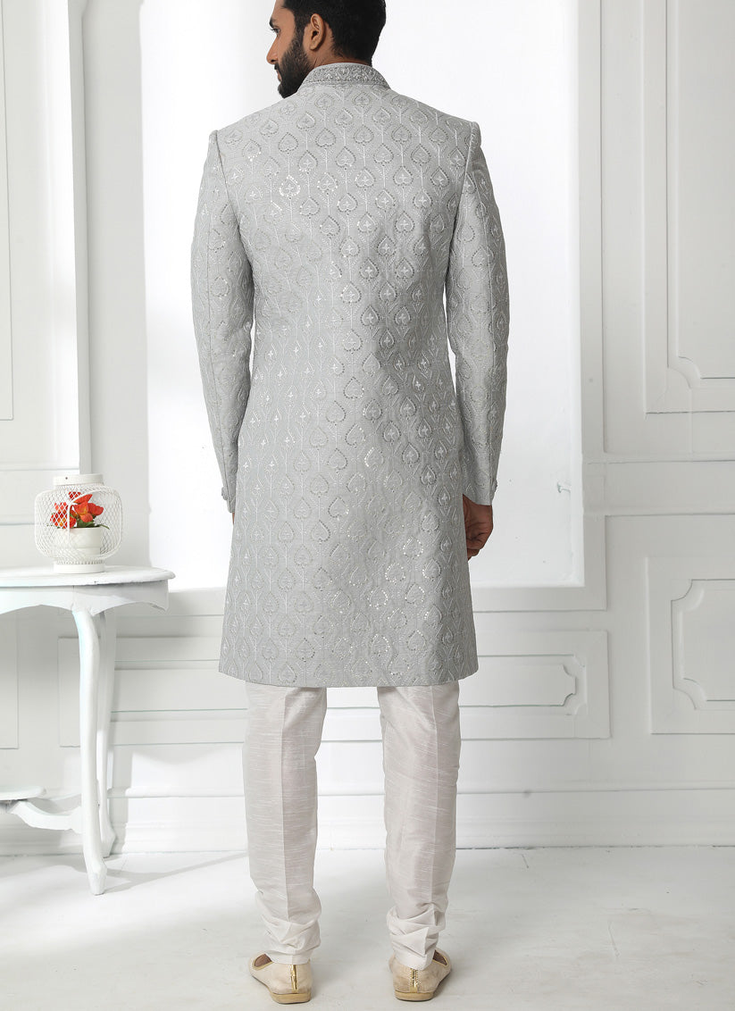 Grey Art Silk Embroidered Sherwani