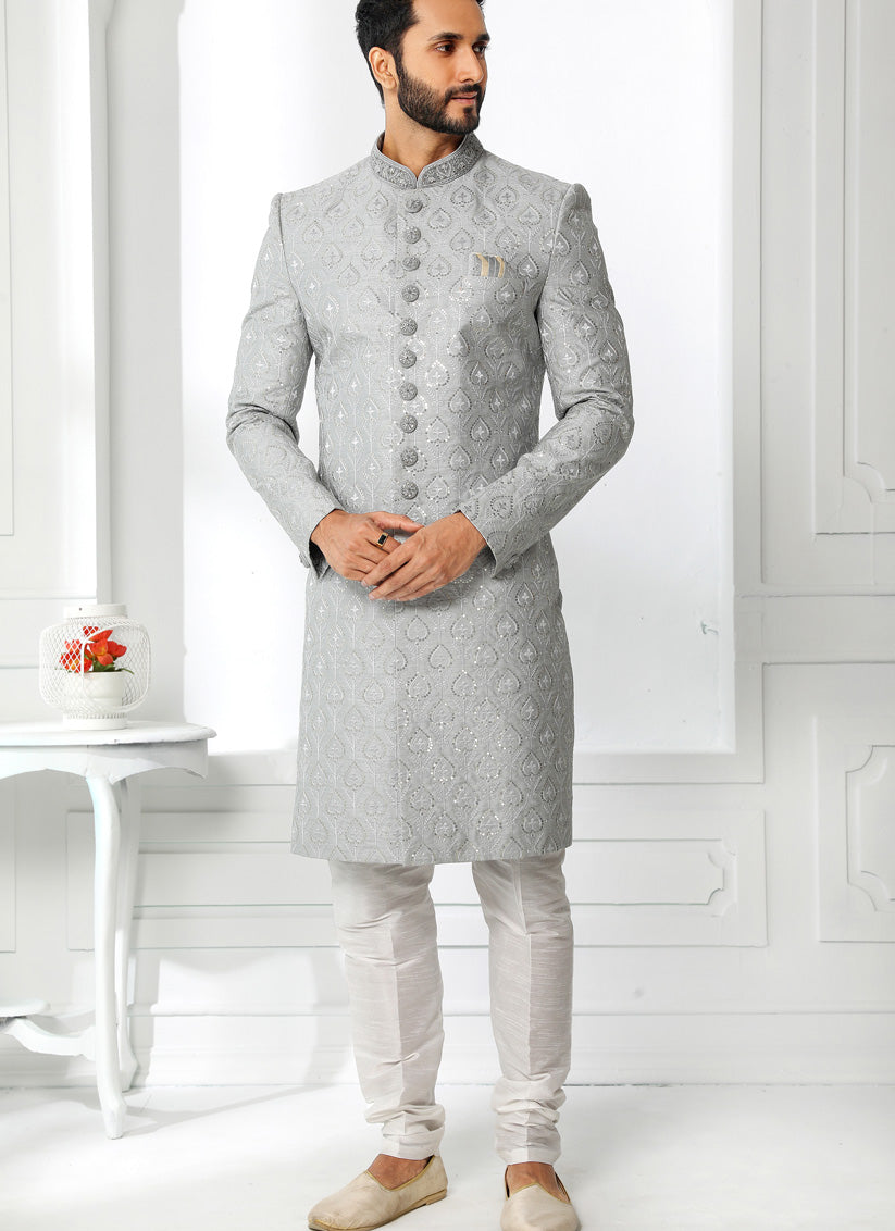 Grey Art Silk Embroidered Sherwani