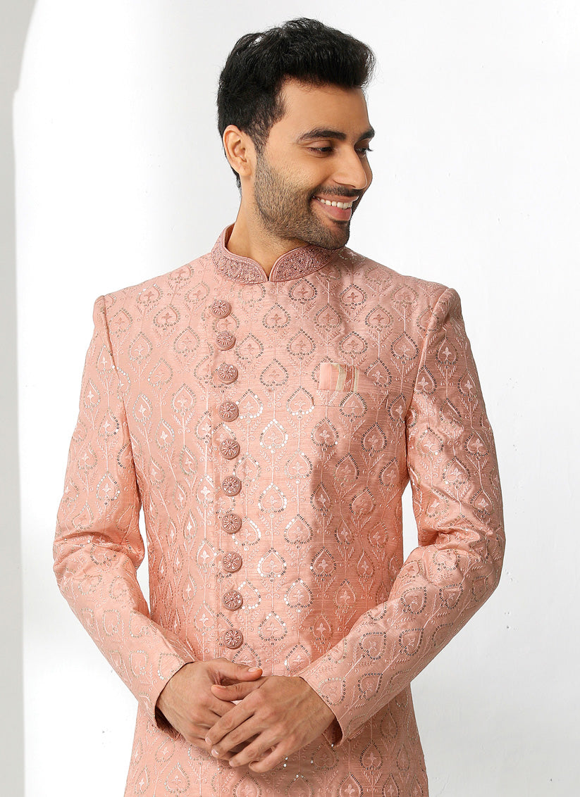 Peach Art Silk Embroidered Sherwani