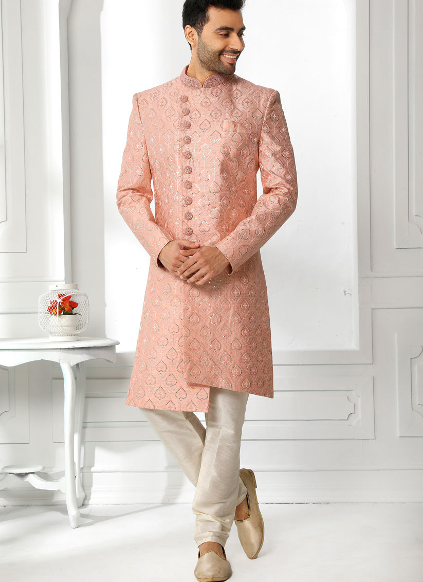 Peach Art Silk Embroidered Sherwani