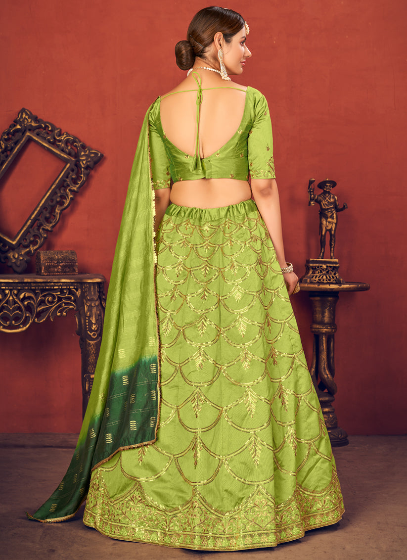 Lime Green Art Silk Sequins Wedding Lehenga Choli