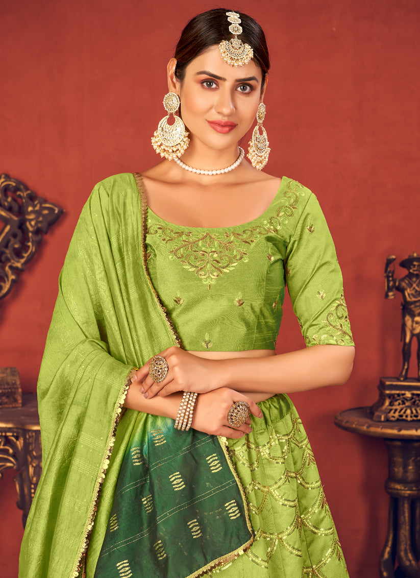 Lime Green Art Silk Sequins Wedding Lehenga Choli