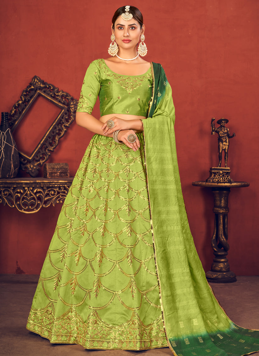 Lime Green Art Silk Sequins Wedding Lehenga Choli