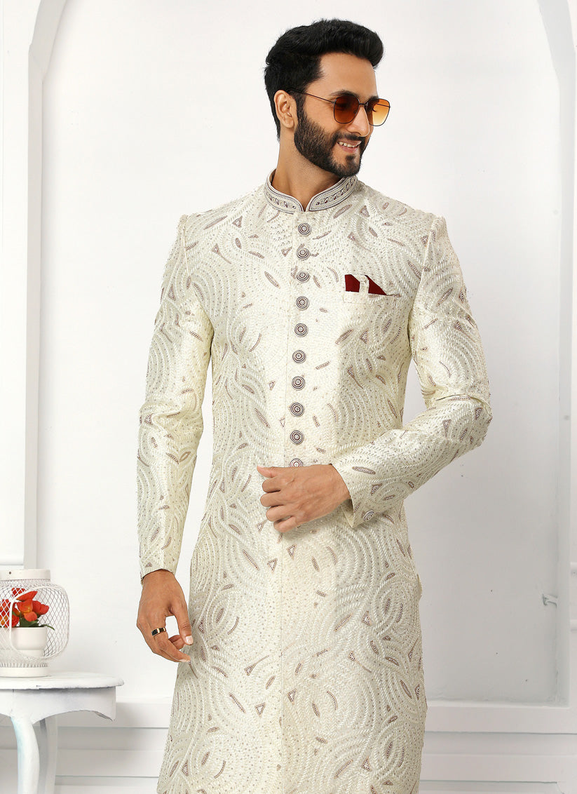 White Art Silk Embroidered Sherwani