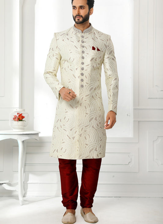 White Art Silk Embroidered Sherwani