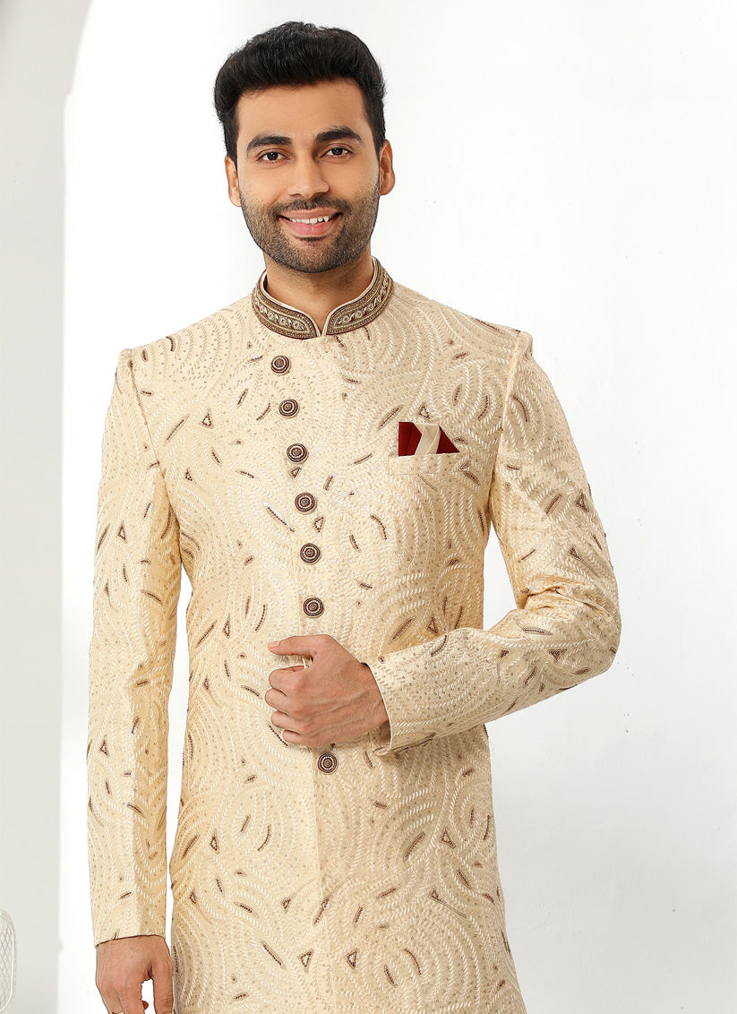 Beige Art Silk Embroidered Sherwani