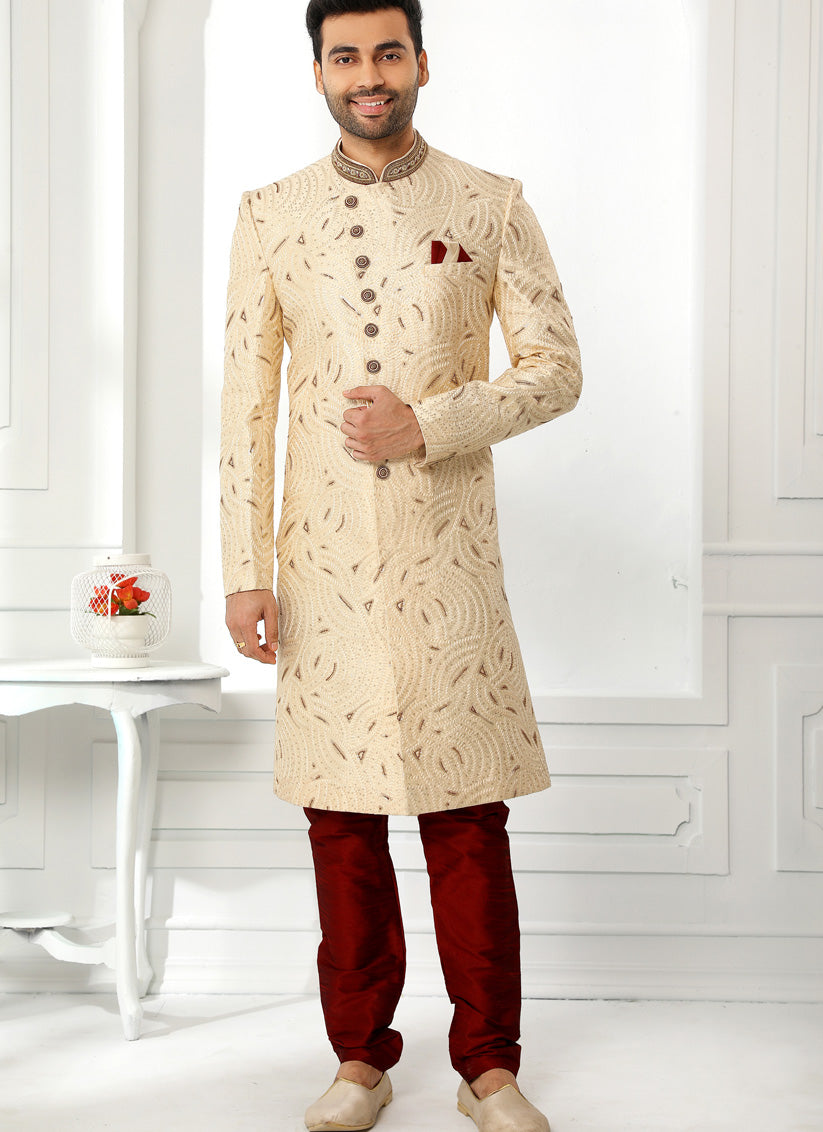 Beige Art Silk Embroidered Sherwani