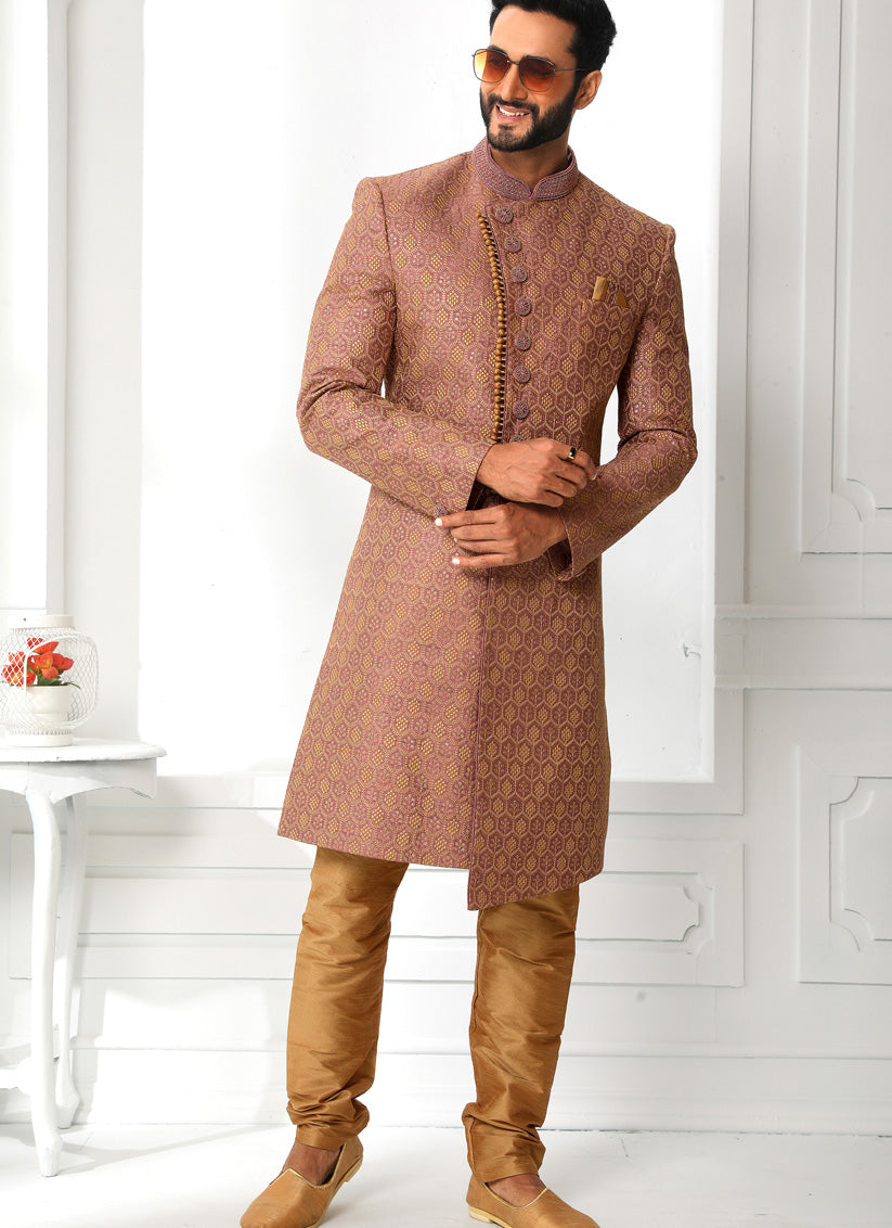 Old Rose Art Silk Embroidered Sherwani