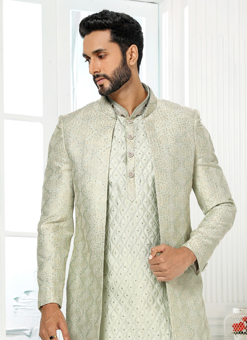 Pastel Green Art Silk Embroidered Mens Indo Western