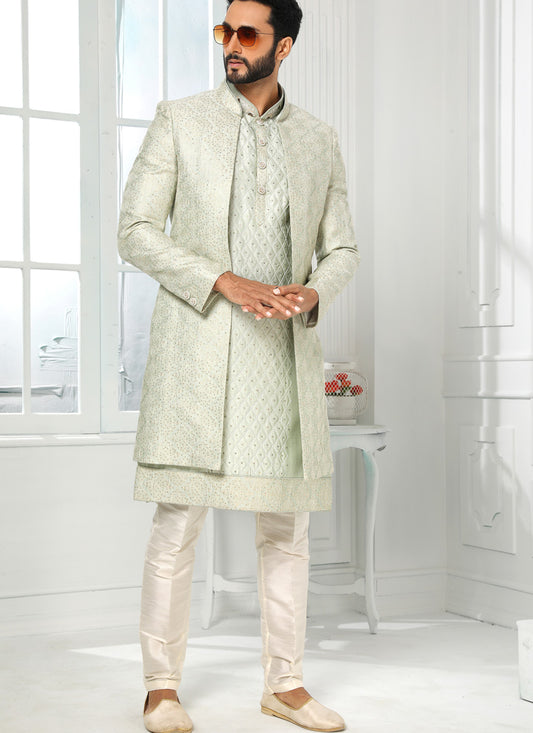 Pastel Green Art Silk Embroidered Mens Indo Western