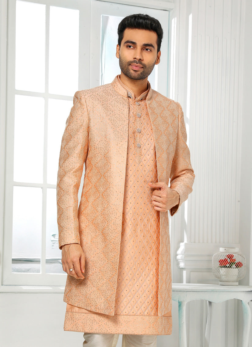 Peach Art Silk Embroidered Mens Indo Western