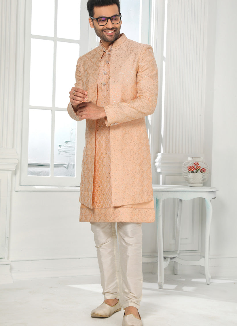 Peach Art Silk Embroidered Mens Indo Western