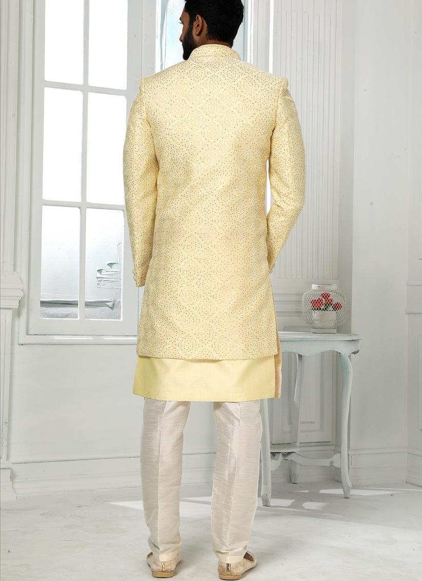 Pastel Yellow Art Silk Embroidered Mens Indo Western