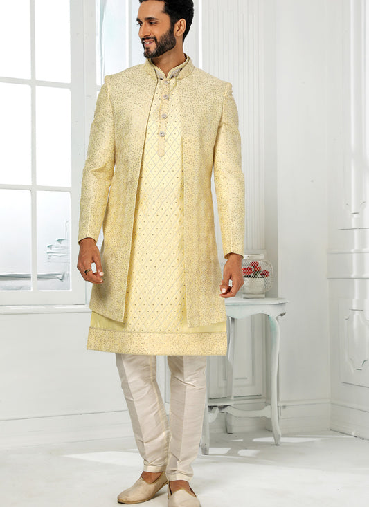 Pastel Yellow Art Silk Embroidered Mens Indo Western