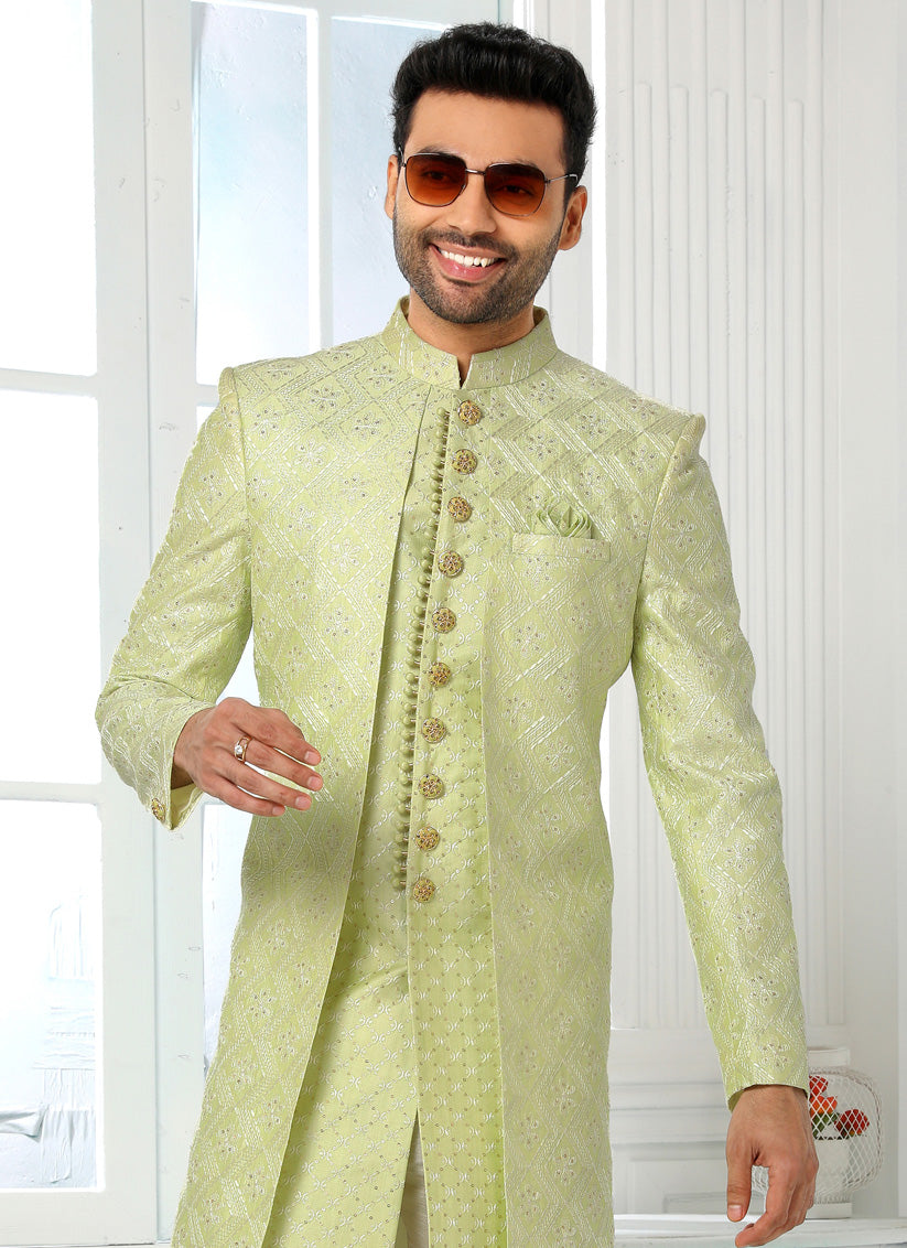 Pistachio Green Art Silk Embroidered Mens Indo Western