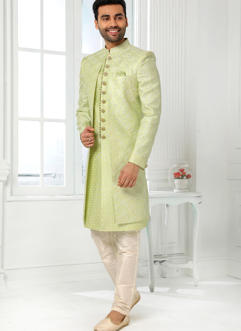 Pistachio Green Art Silk Embroidered Mens Indo Western