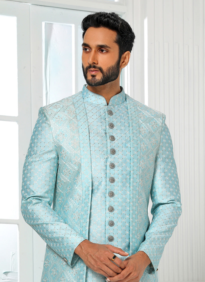 Sky Blue Art Silk Embroidered Mens Indo Western